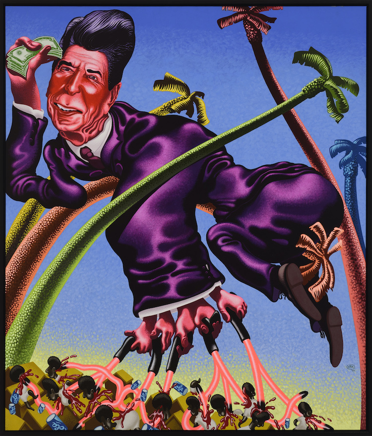 Peter Saul, Ronald Reagan in Grenada, 1984. Acrylic on canvas, 82 1/2 x 71 in (209.6 x 180.3 cm). Hall Collection. Courtesy Hall Art Foundation. Photo: Jeffrey Nintzel
